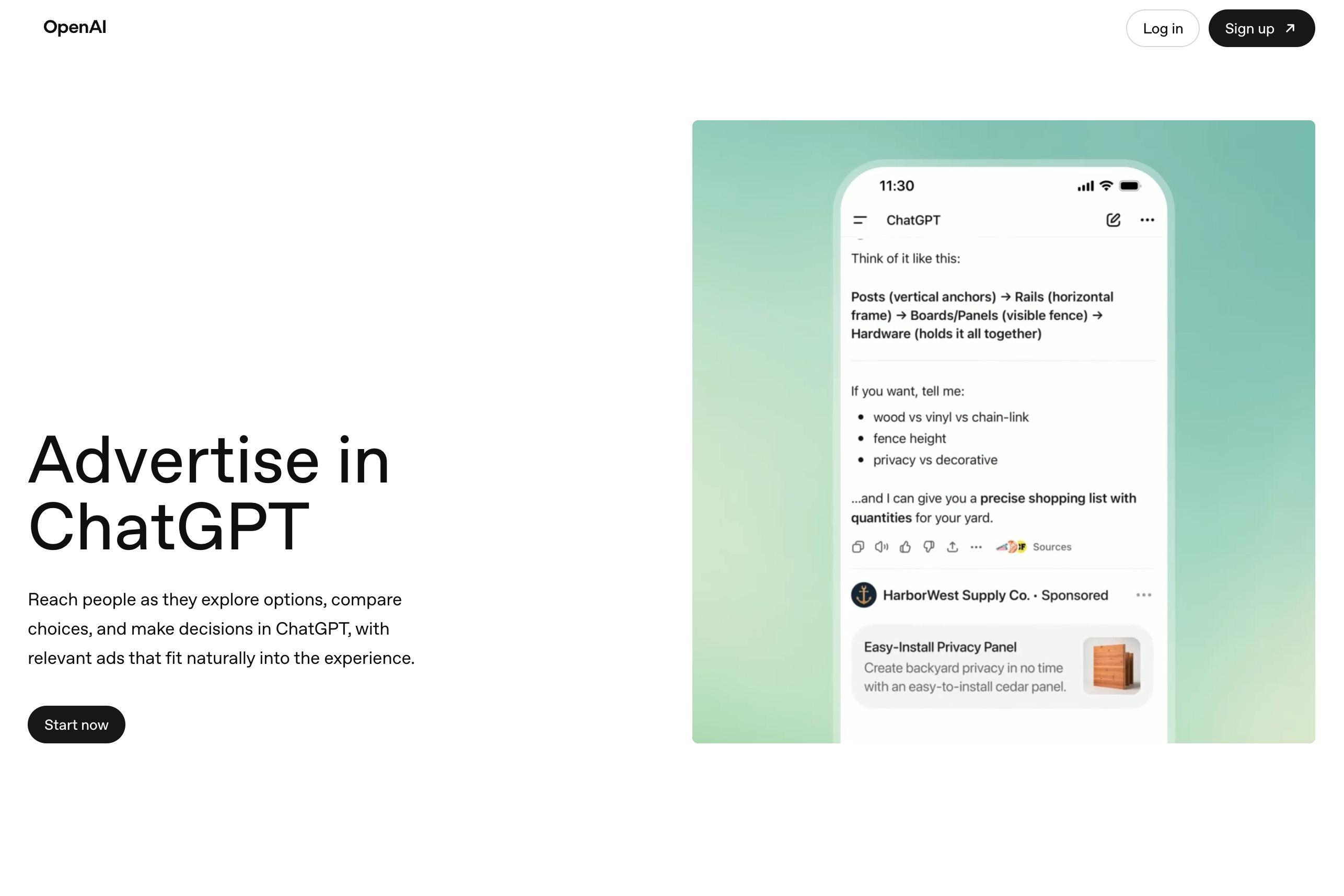 ChatGPT Ads campaign interface and creative